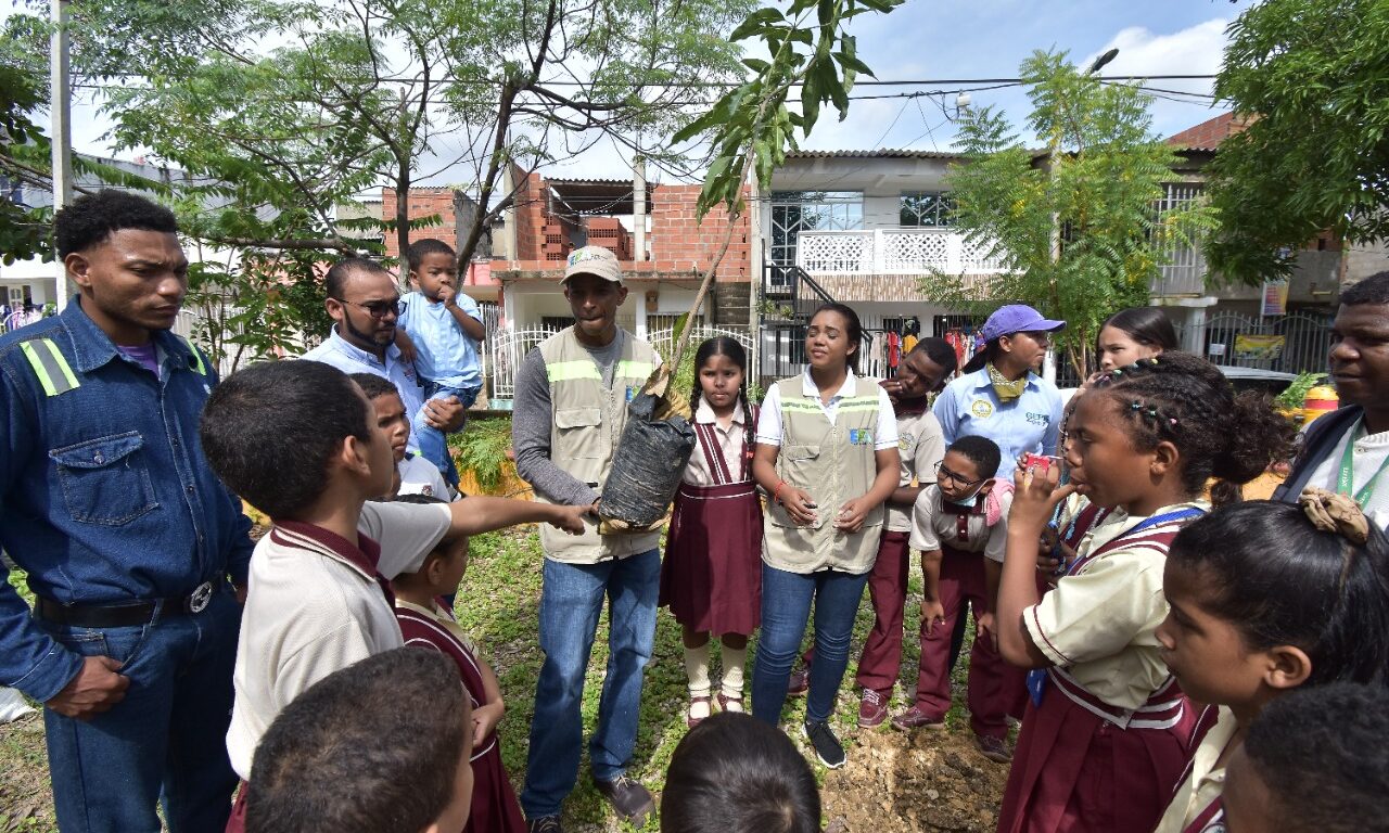 Funcionarios y estudiantes en siembra de árboles para recuperación de zona verdes en el nazareno