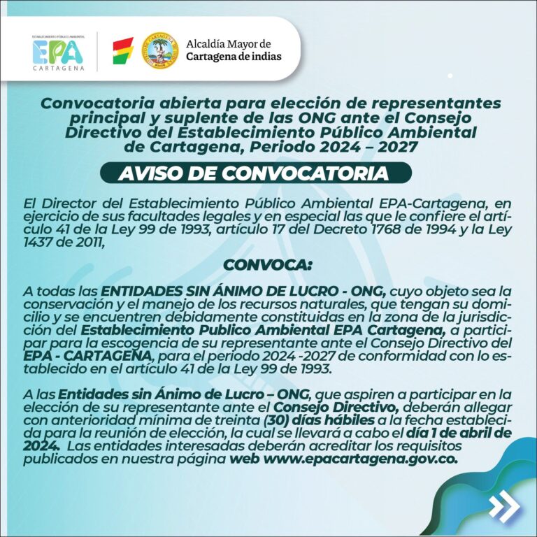 EPA Cartagena convoca a ONG a elección de representantes al consejo directivo de la entidad.